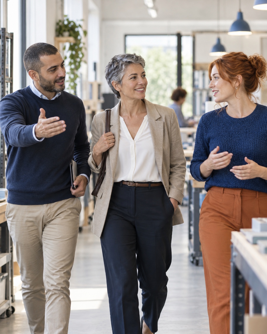 Tre professionisti dell'Agenzia per il Lavoro parlano tra loro camminando in un ufficio