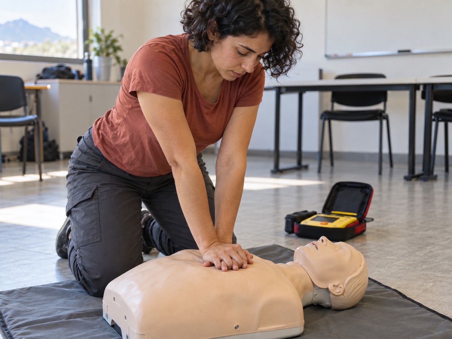 Un soccorritore esegue manovre di rianimazione cardiopolmonare su un manichino da addestramento