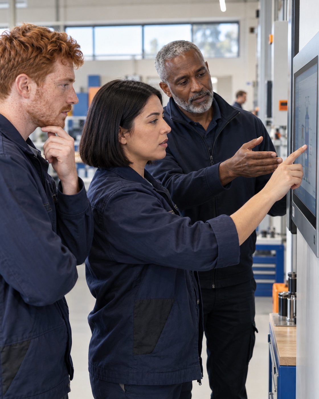 Un gruppo di lavoratori in fabbrica osserva dati su uno schermo touch durante una sessione di formazione finanziata