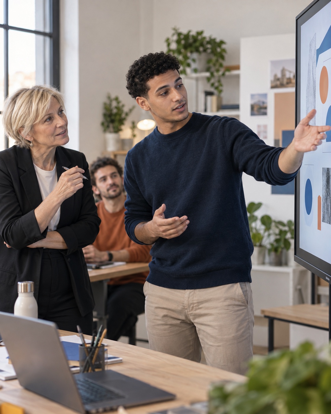 Un tirocinante presenta dati su uno schermo a colleghi durante un percorso di inserimento in azienda