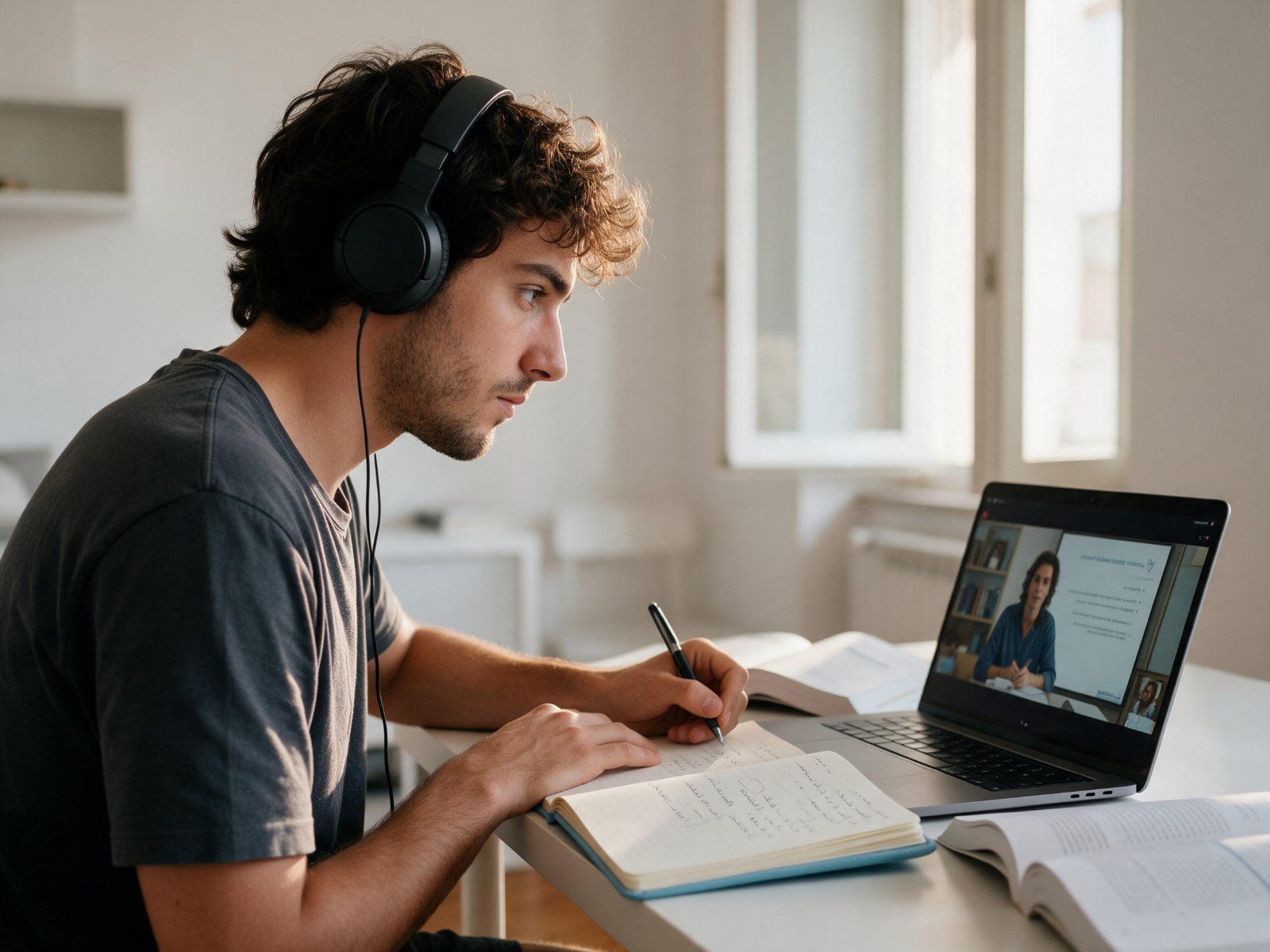 Studente segue una lezione universitaria online da casa, al computer