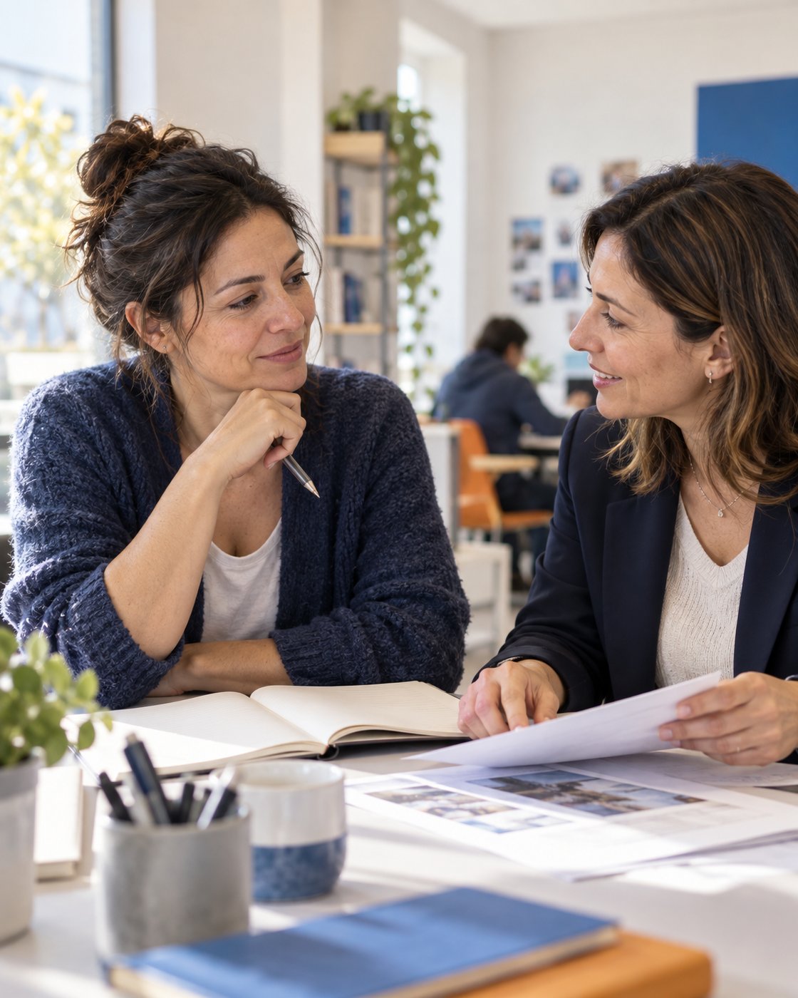Due donne confrontano documenti di lavoro durante un colloquio di orientamento